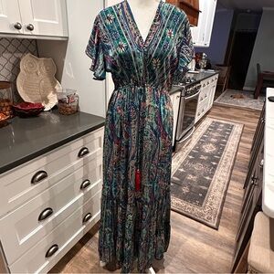 Bigg Bull Colorful Silk Boho Maxi Dress Tiered Size M Paisley Festival Western